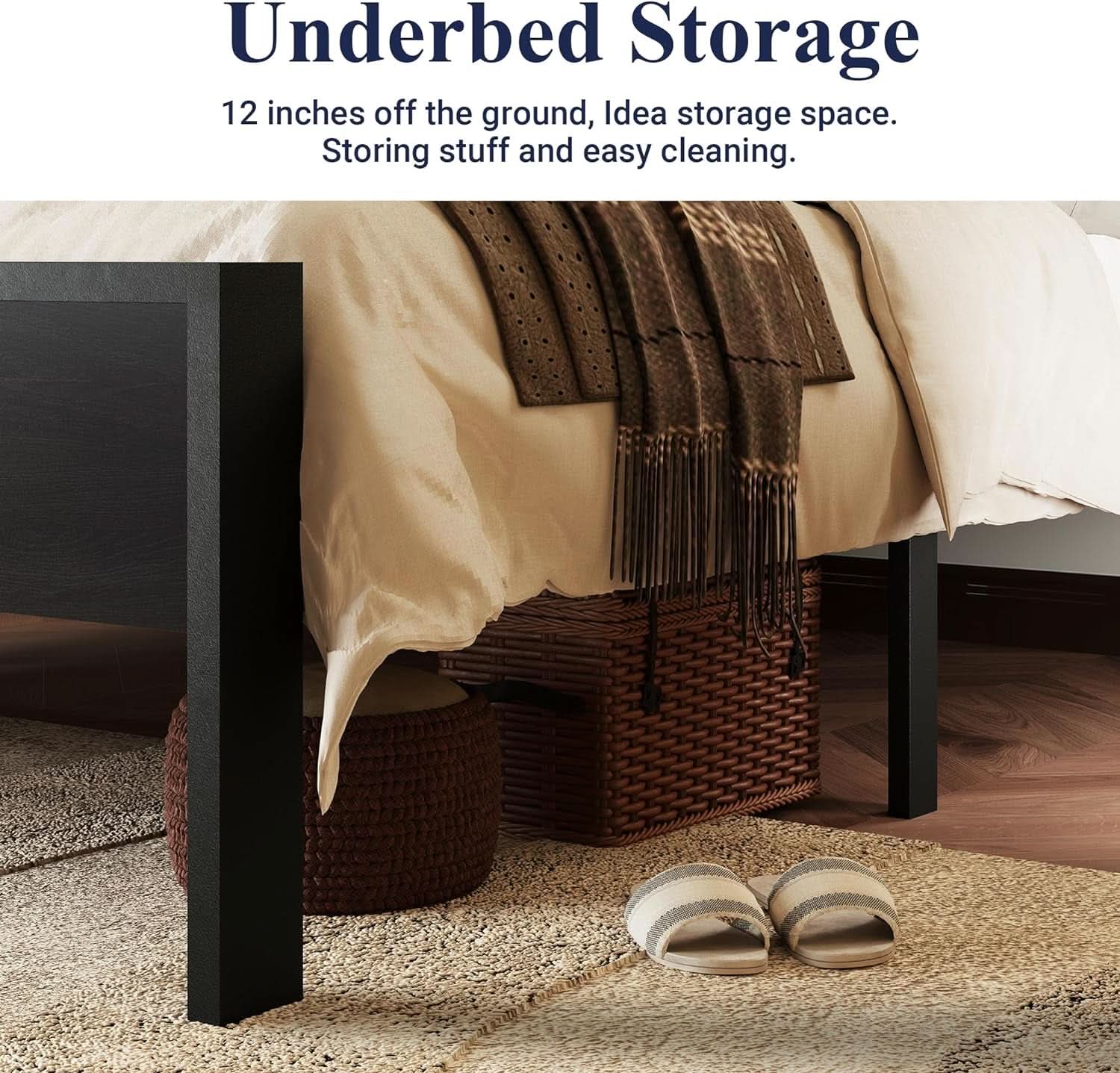 Queen Platform Bed Frame With Wooden Headboard And Footboard Black Oak