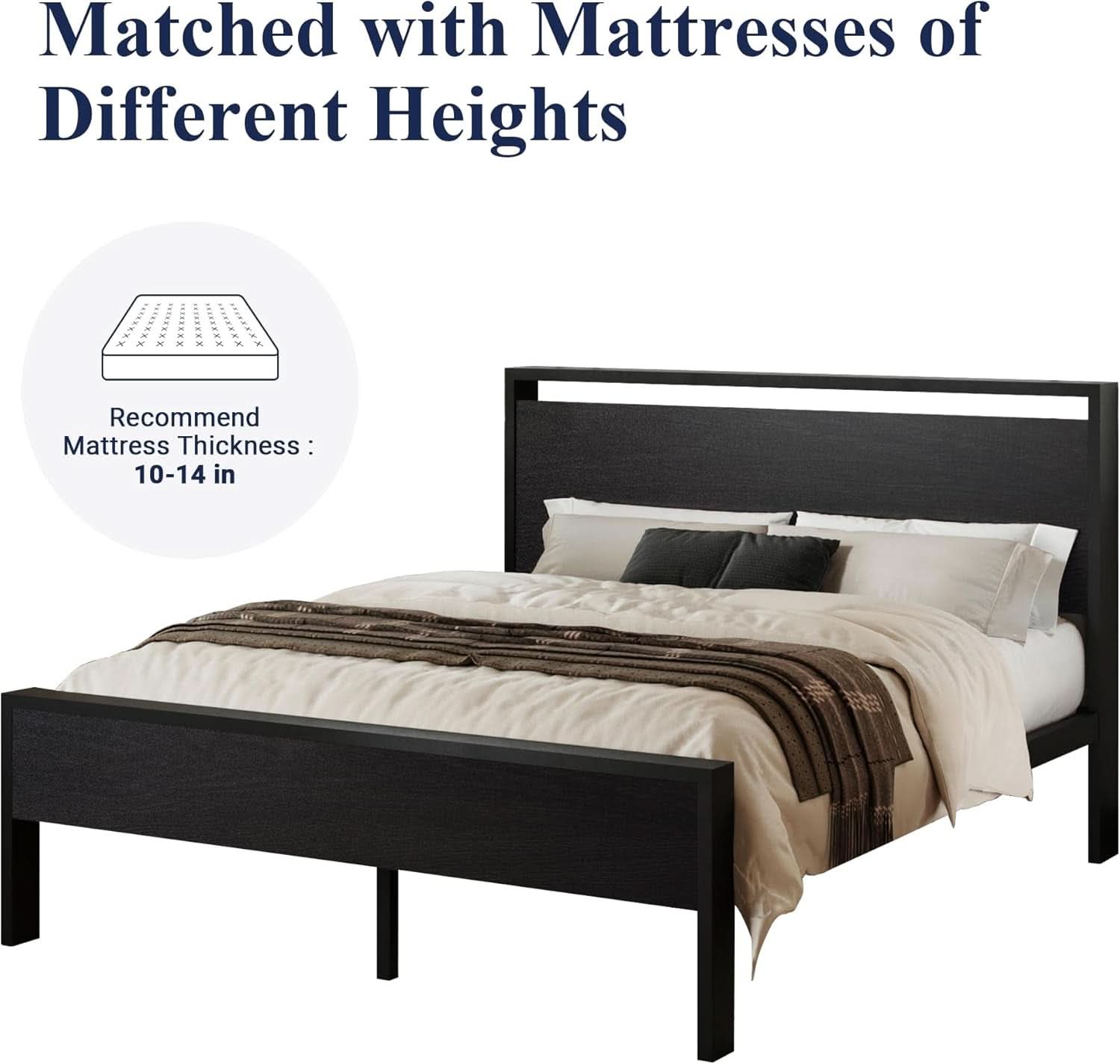 Queen Platform Bed Frame With Wooden Headboard And Footboard Black Oak