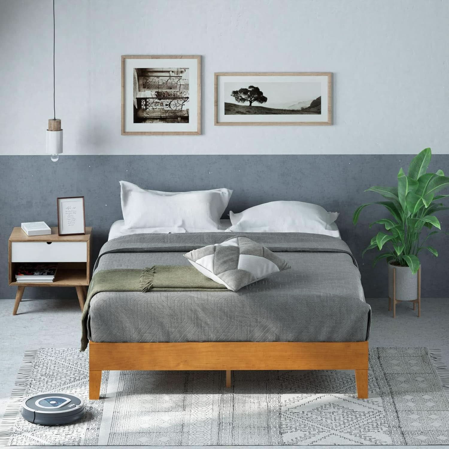 Queen Rustic Pine Solid Wood Platform Bed Frame With Slats