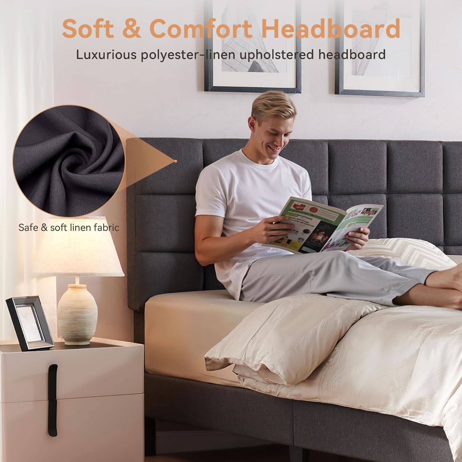 Queen Size Bed Frame With Grey Upholstered Headboard