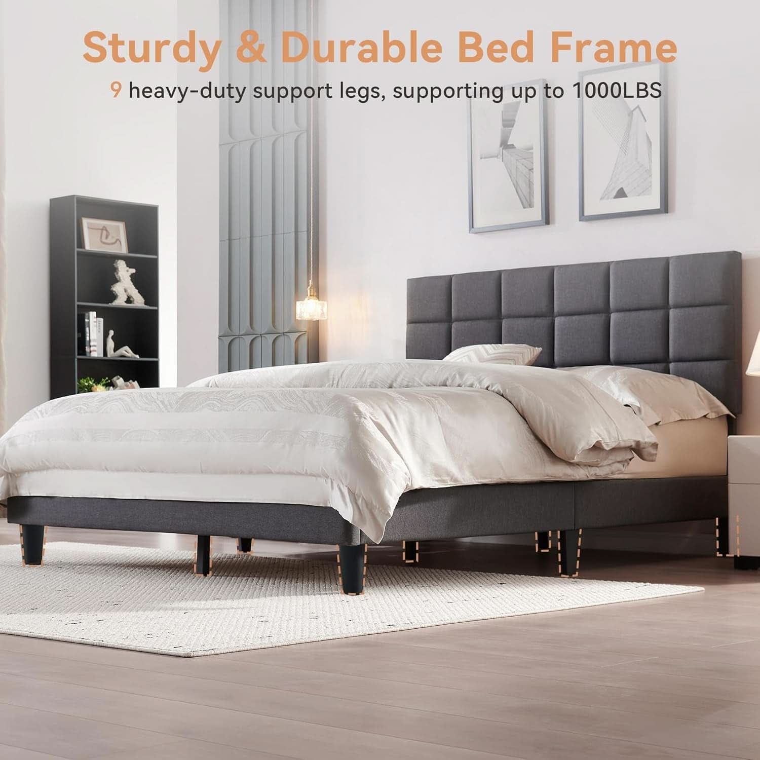 Queen Size Bed Frame With Grey Upholstered Headboard