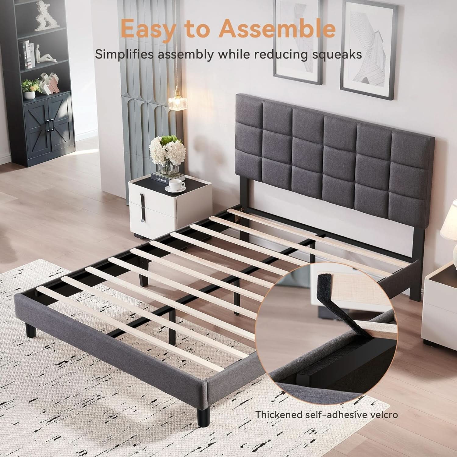 Queen Size Bed Frame With Grey Upholstered Headboard