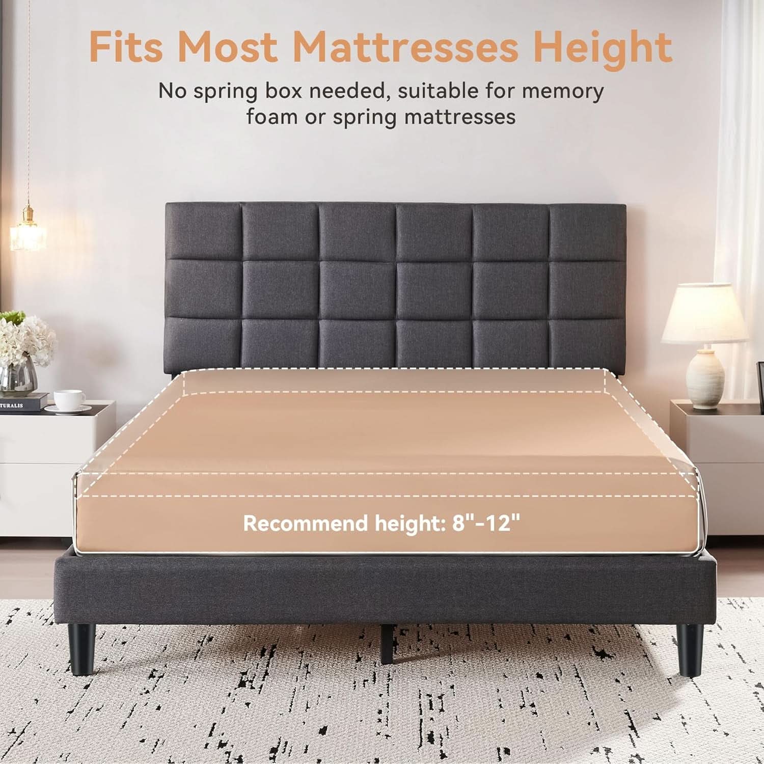 Queen Size Bed Frame With Grey Upholstered Headboard