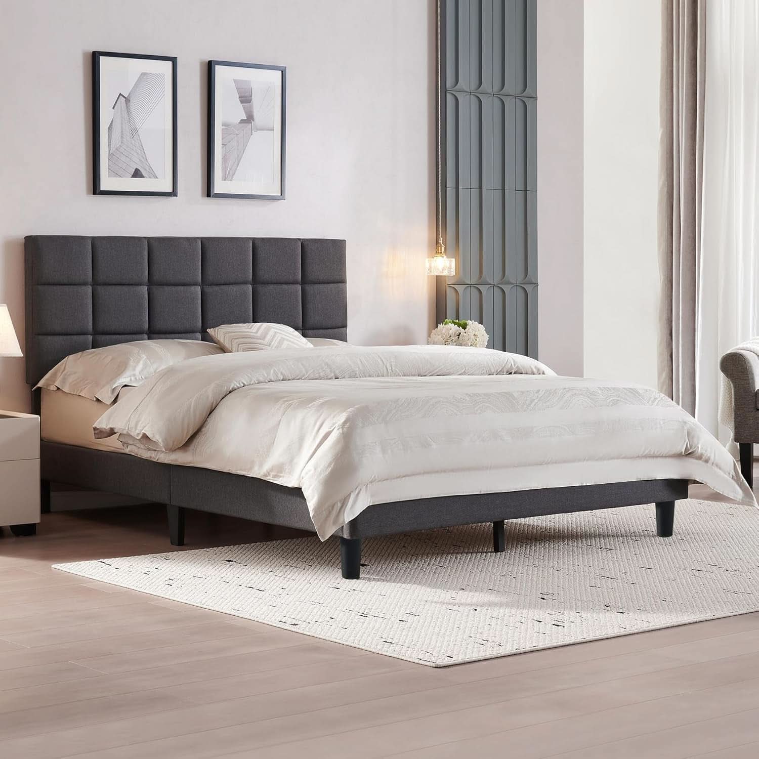 Queen Size Bed Frame With Grey Upholstered Headboard