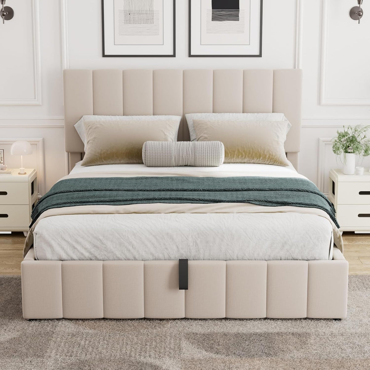 Queen Size Beige Gas Lift Platform Bed With Storage