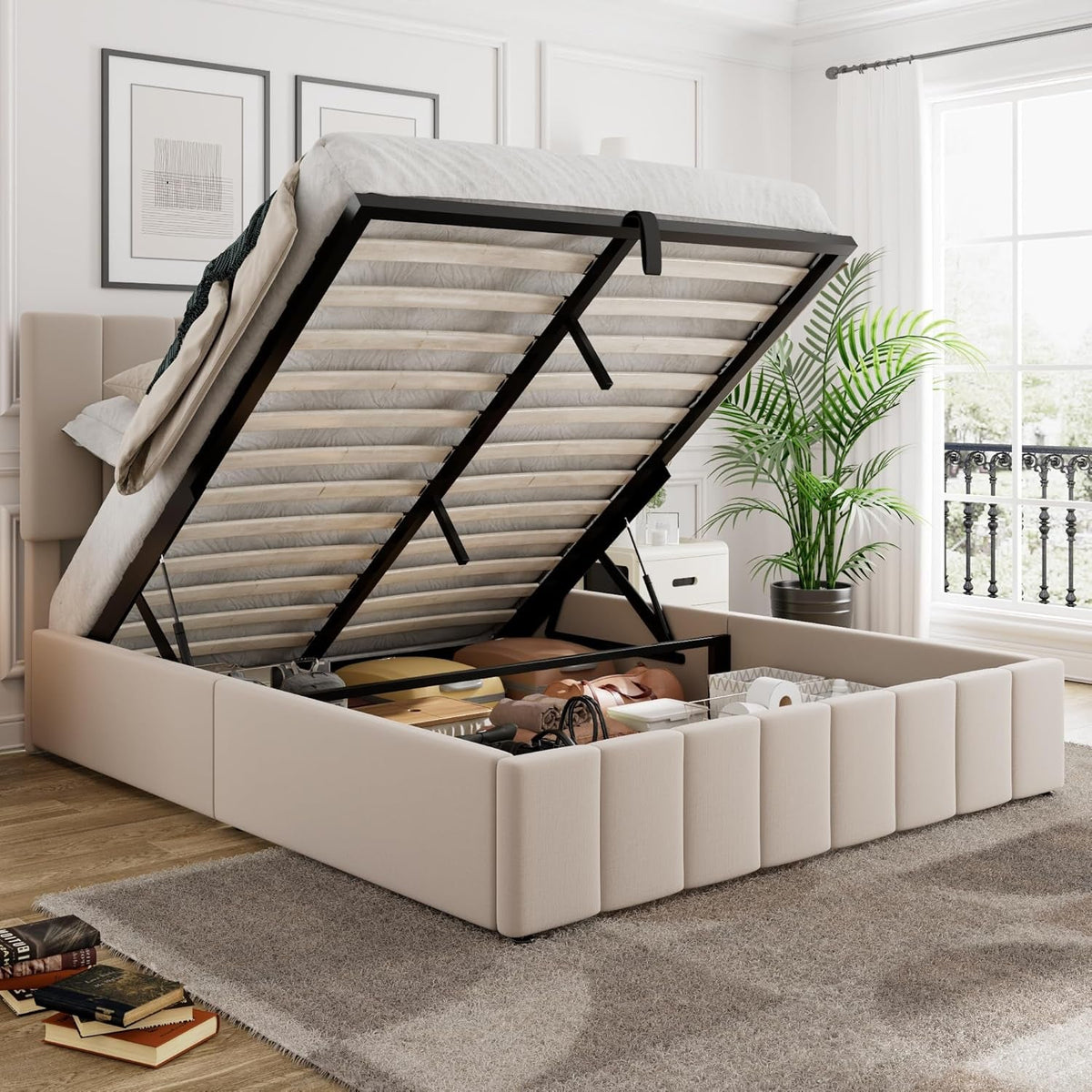 Queen Size Beige Gas Lift Platform Bed With Storage