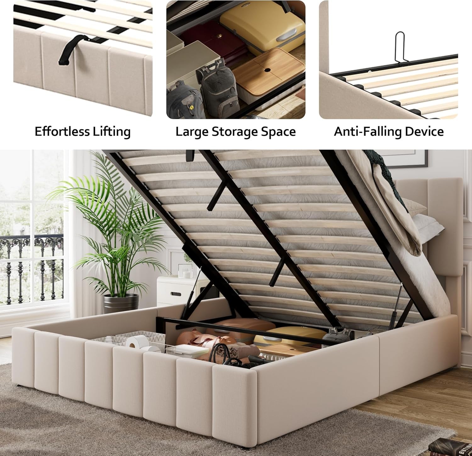 Queen Size Beige Gas Lift Platform Bed With Storage