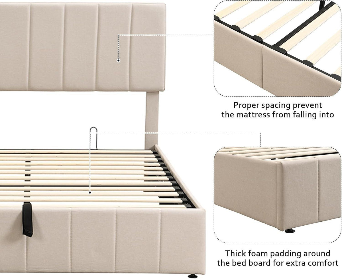 Queen Size Beige Gas Lift Platform Bed With Storage