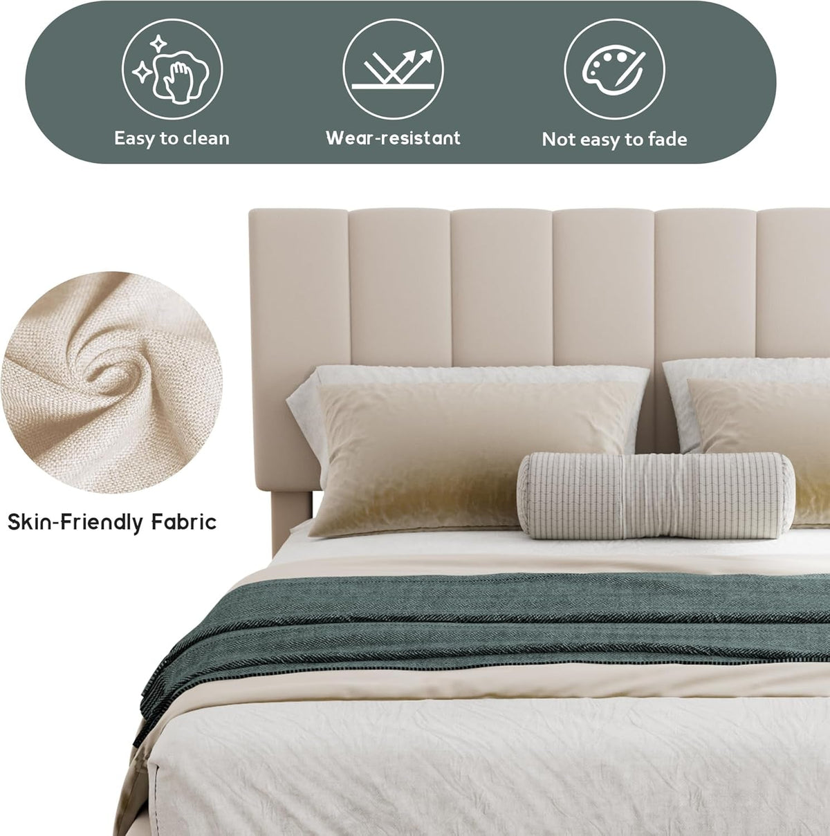 Queen Size Beige Gas Lift Platform Bed With Storage