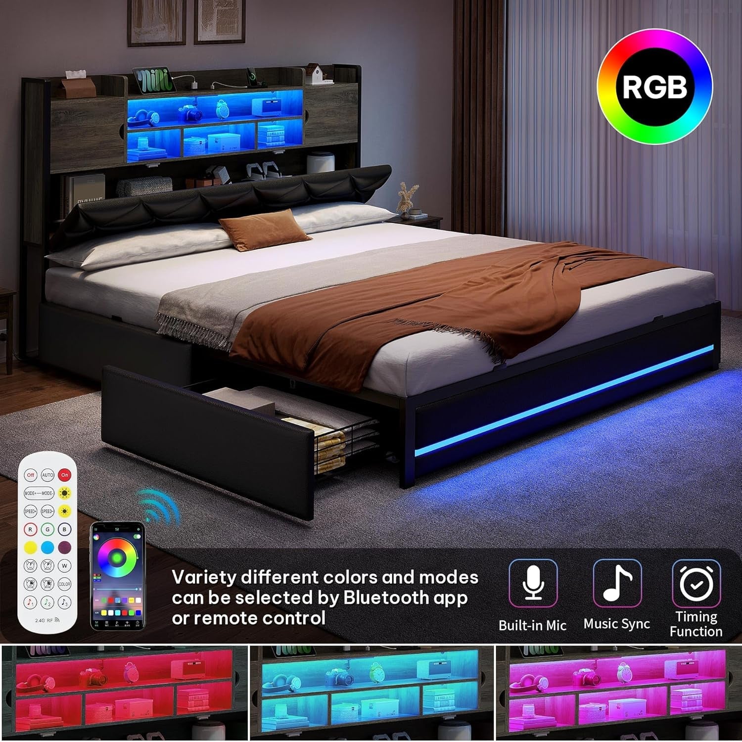 Queen Size Black PU Leather Bed Frame With RGB LED Lights Storage Headboard