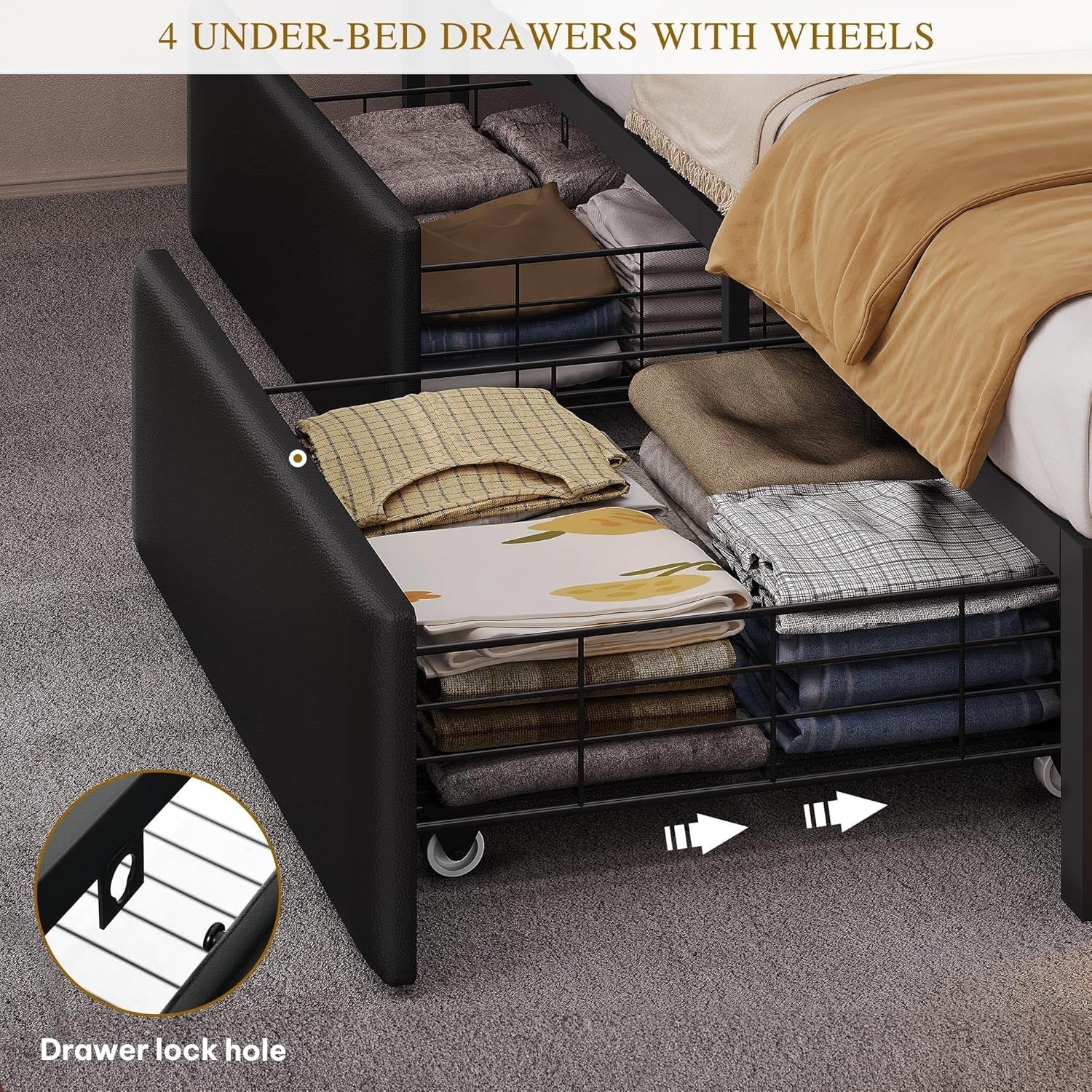 Queen Size Black PU Leather Bed Frame With RGB LED Lights Storage Headboard