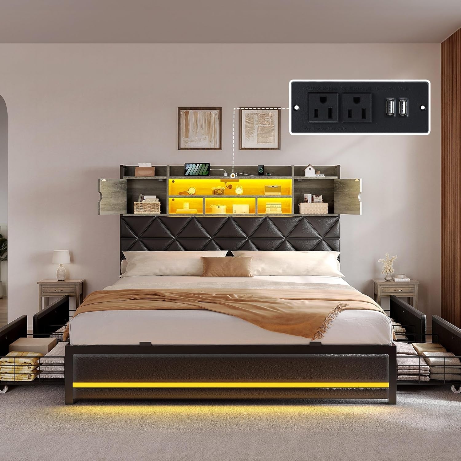 Queen Size Black PU Leather Bed Frame With RGB LED Lights Storage Headboard