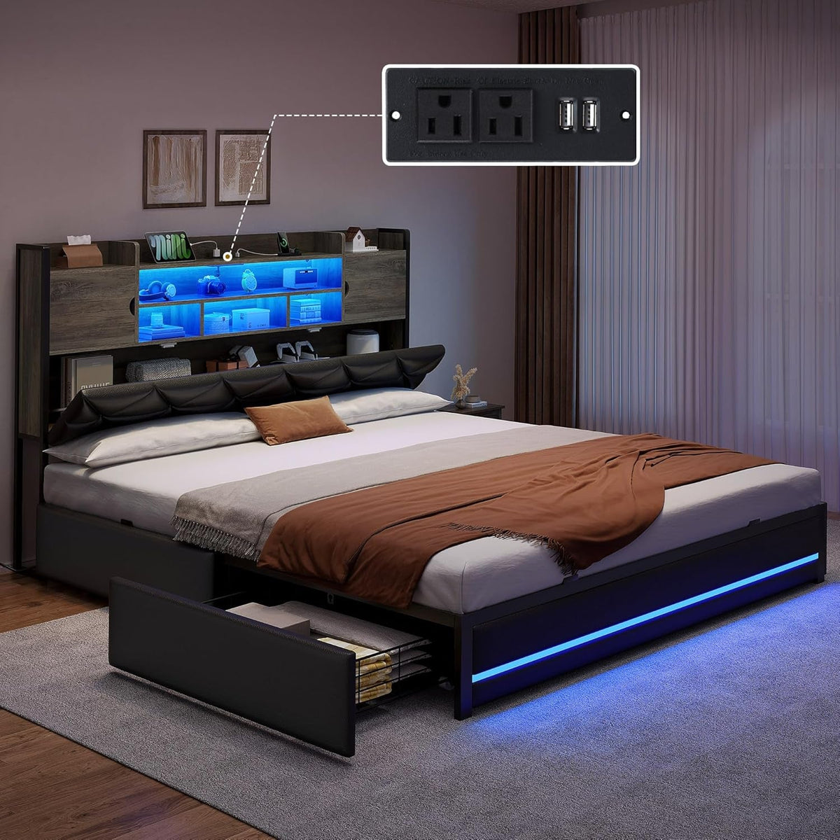 Queen Size Black PU Leather Bed Frame With RGB LED Lights Storage Headboard