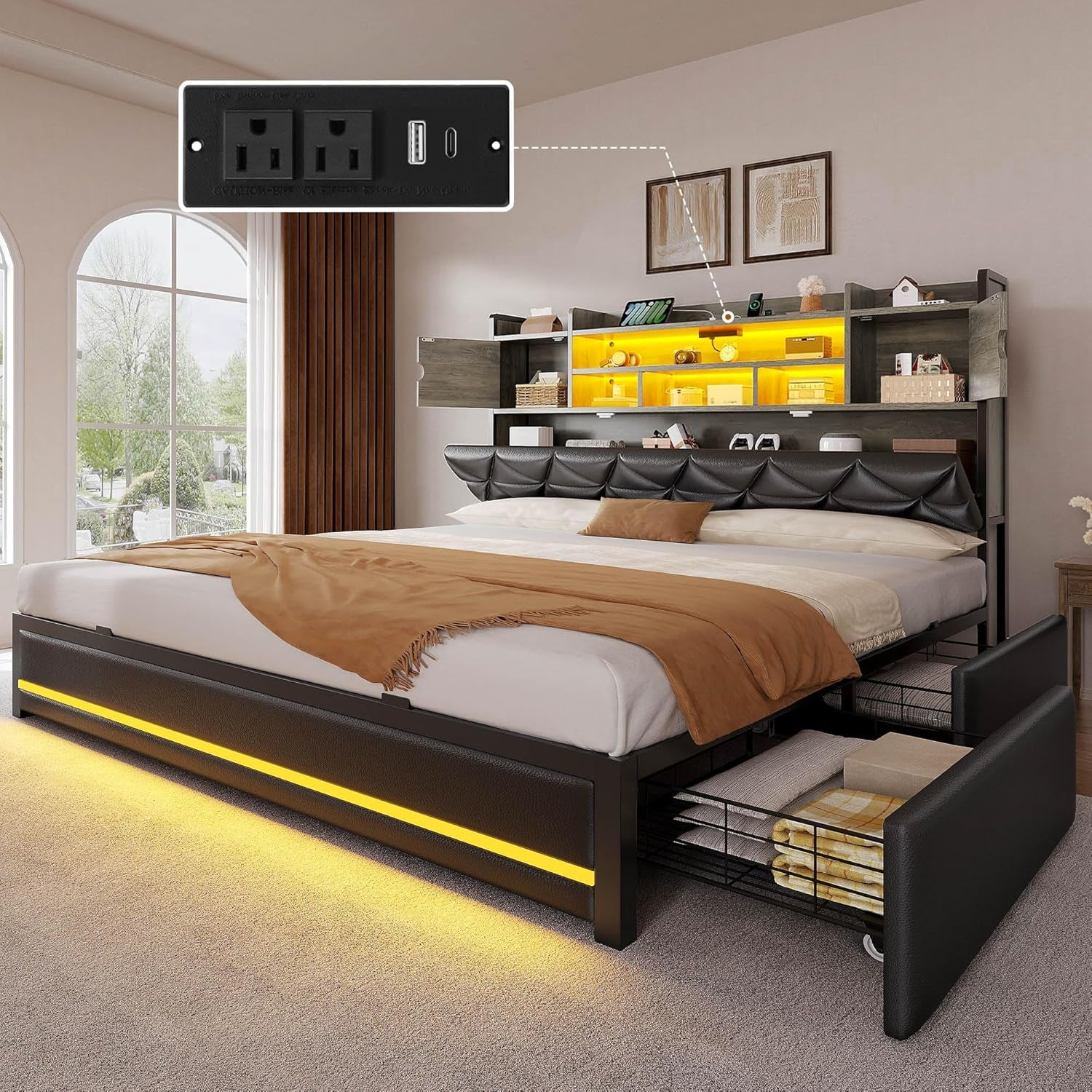 Queen Size Black PU Leather Bed Frame With RGB LED Lights Storage Headboard