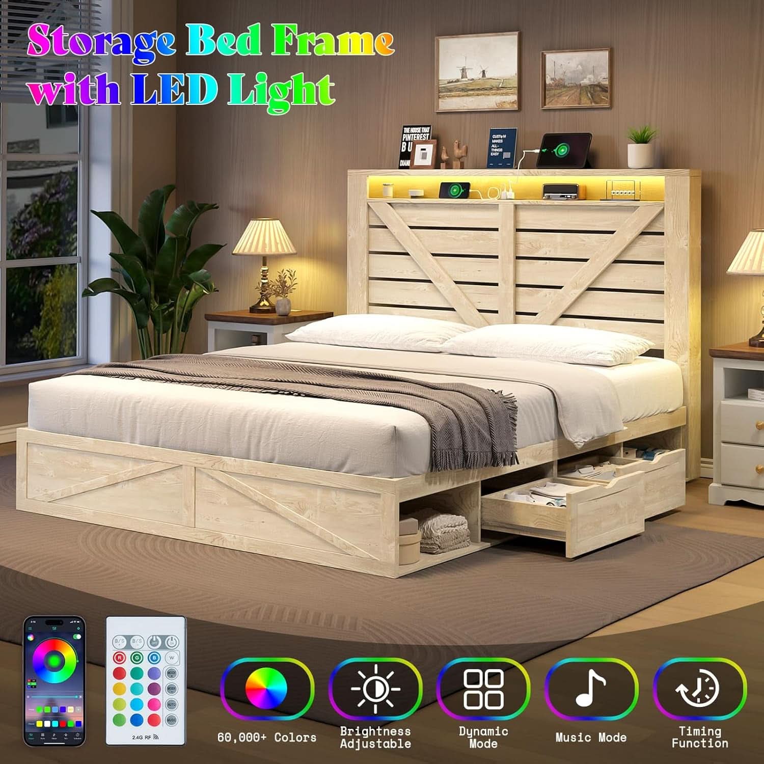 Queen Size Farmhouse Storage Bed With LED Lighting