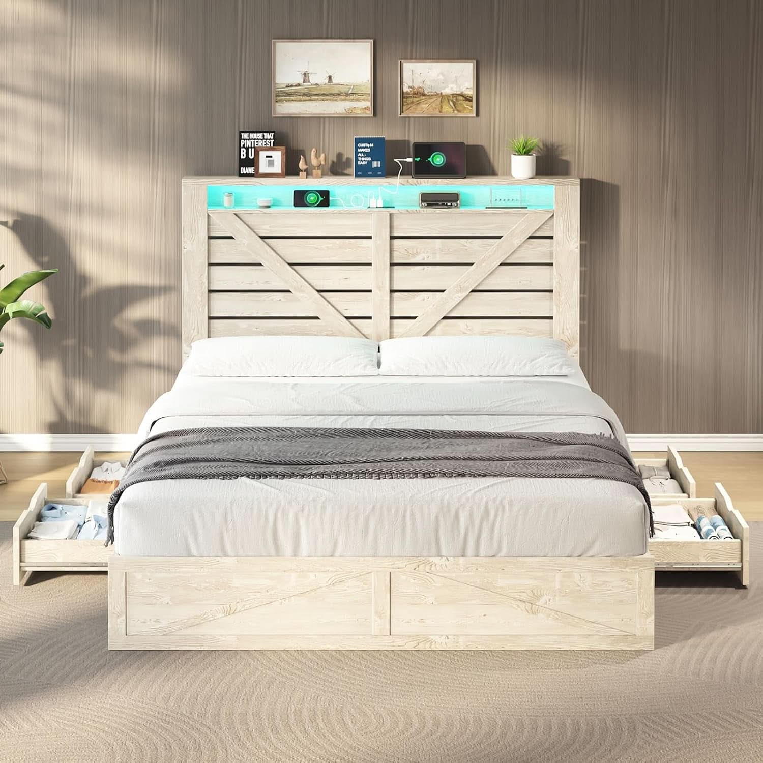 Queen Size Farmhouse Storage Bed With LED Lighting