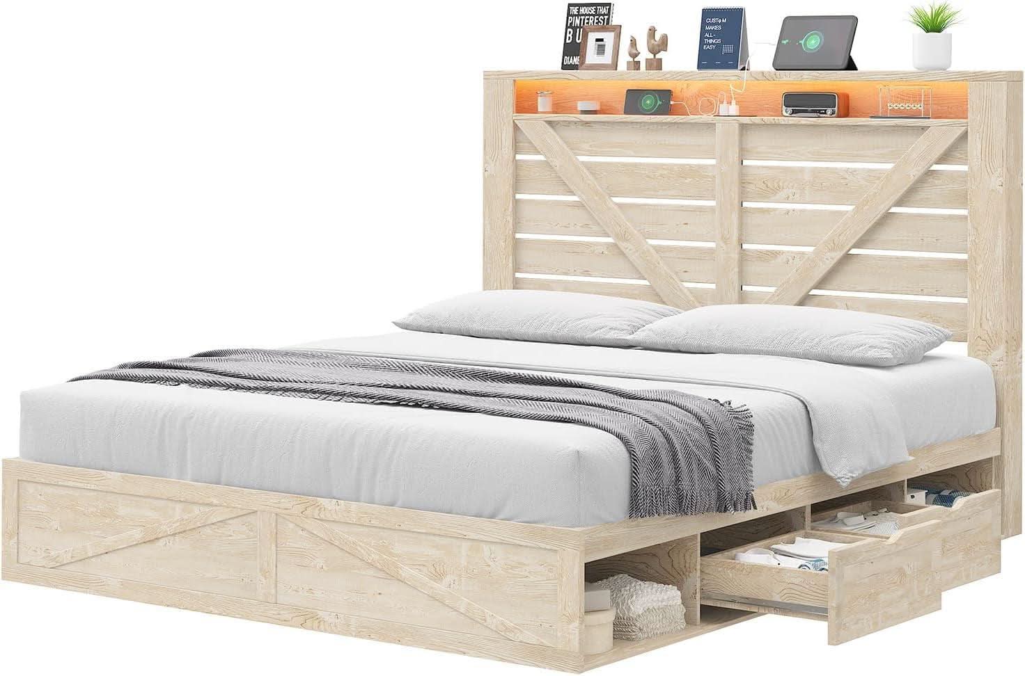 Queen Size Farmhouse Storage Bed With LED Lighting
