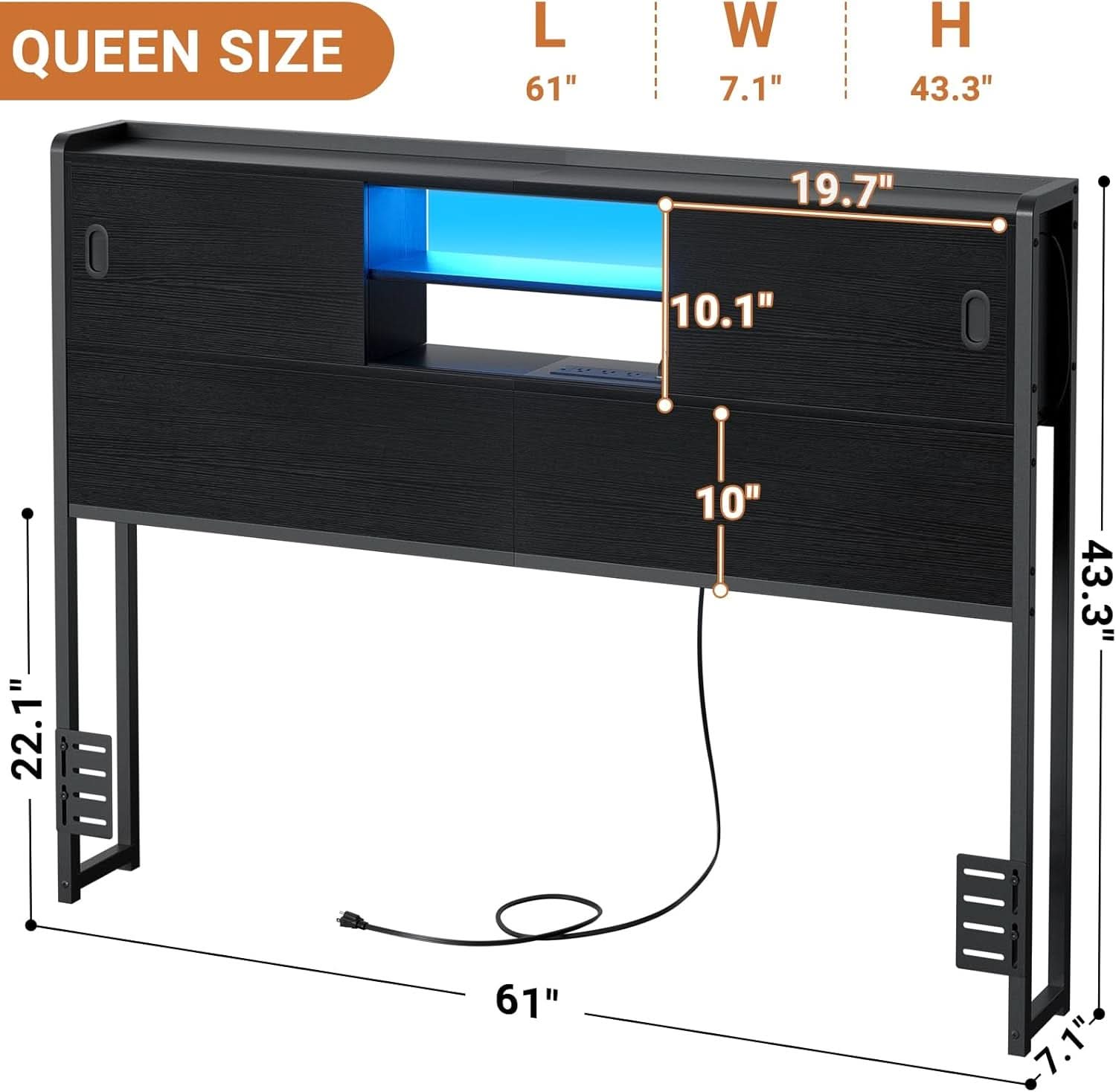 Queen Size Headboard with Storage USB Outlets LED Light
