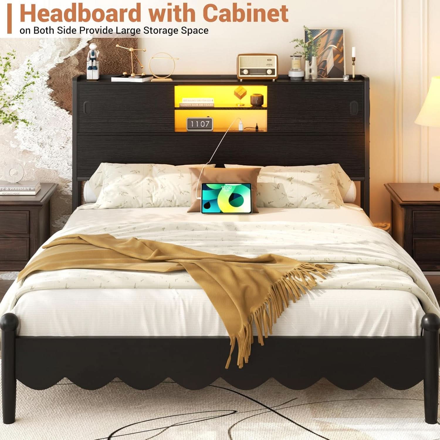 Queen Size Headboard with Storage USB Outlets LED Light