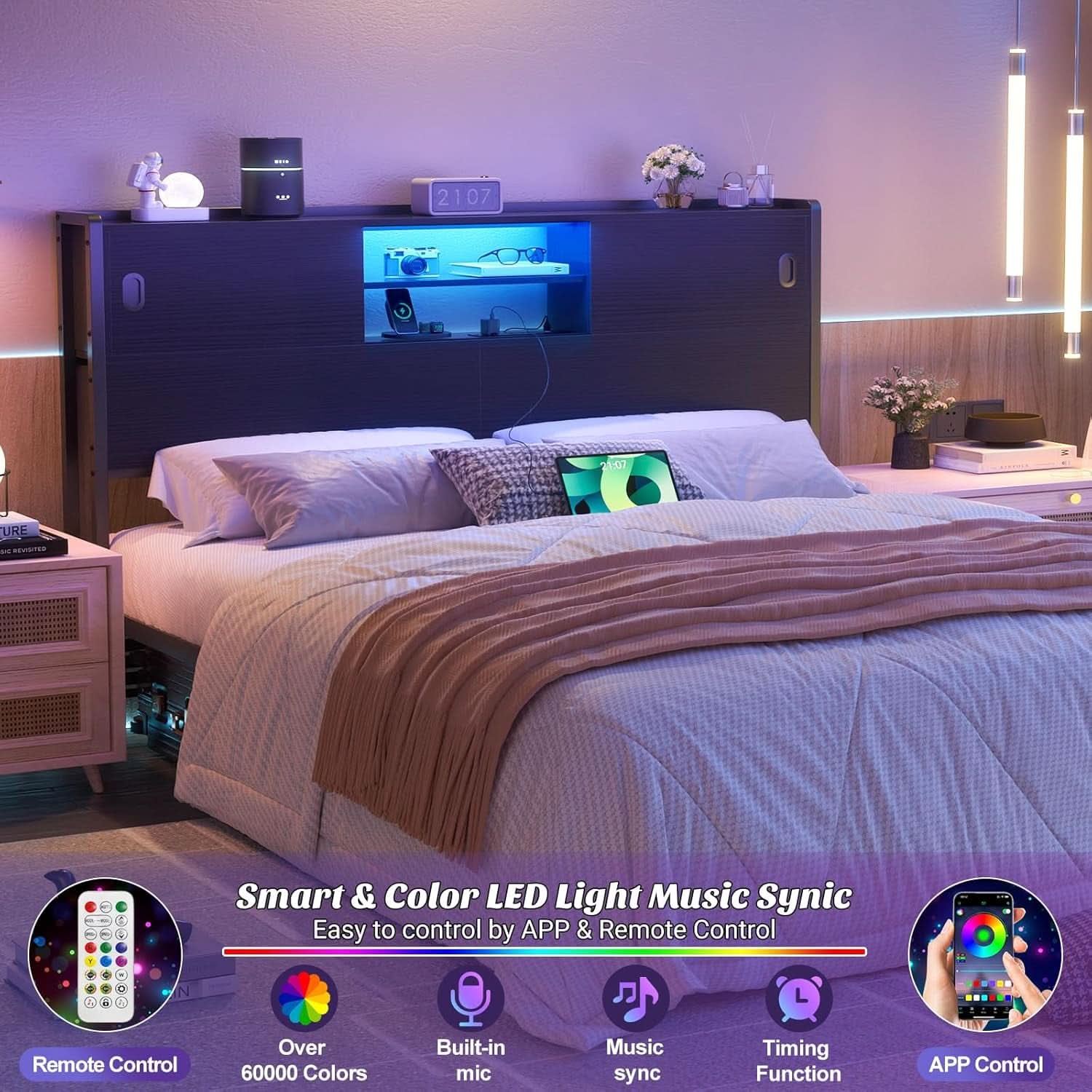 Queen Size Headboard with Storage USB Outlets LED Light