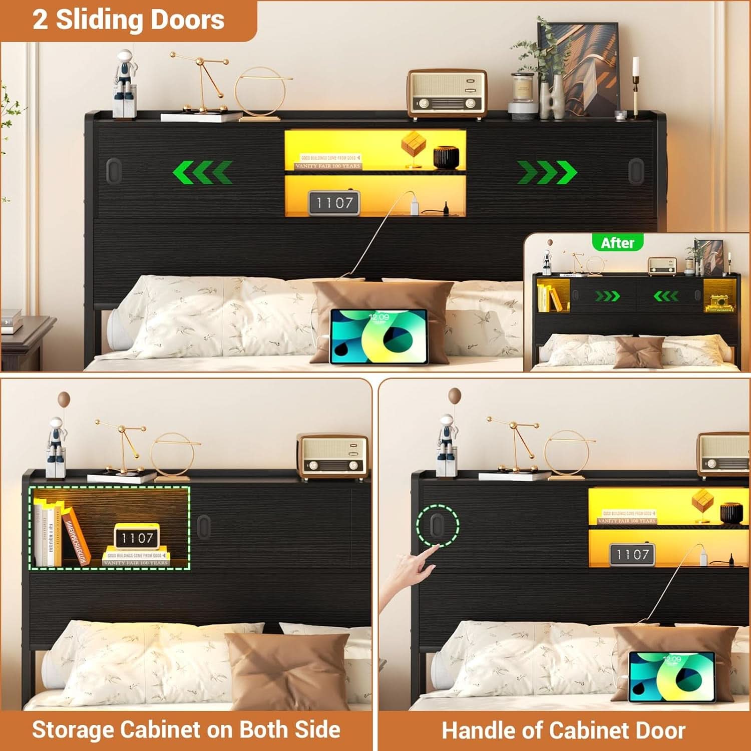 Queen Size Headboard with Storage USB Outlets LED Light