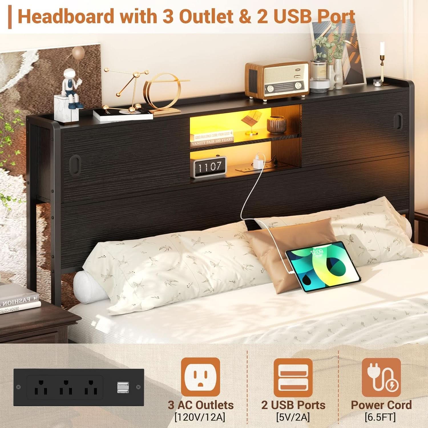 Queen Size Headboard with Storage USB Outlets LED Light