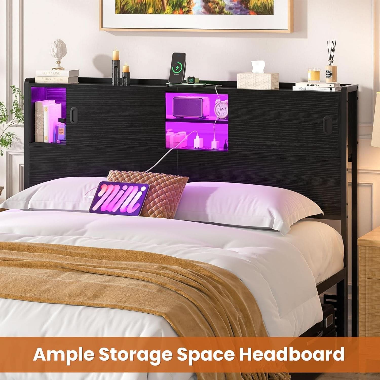 Queen Size Headboard with Storage USB Outlets LED Light