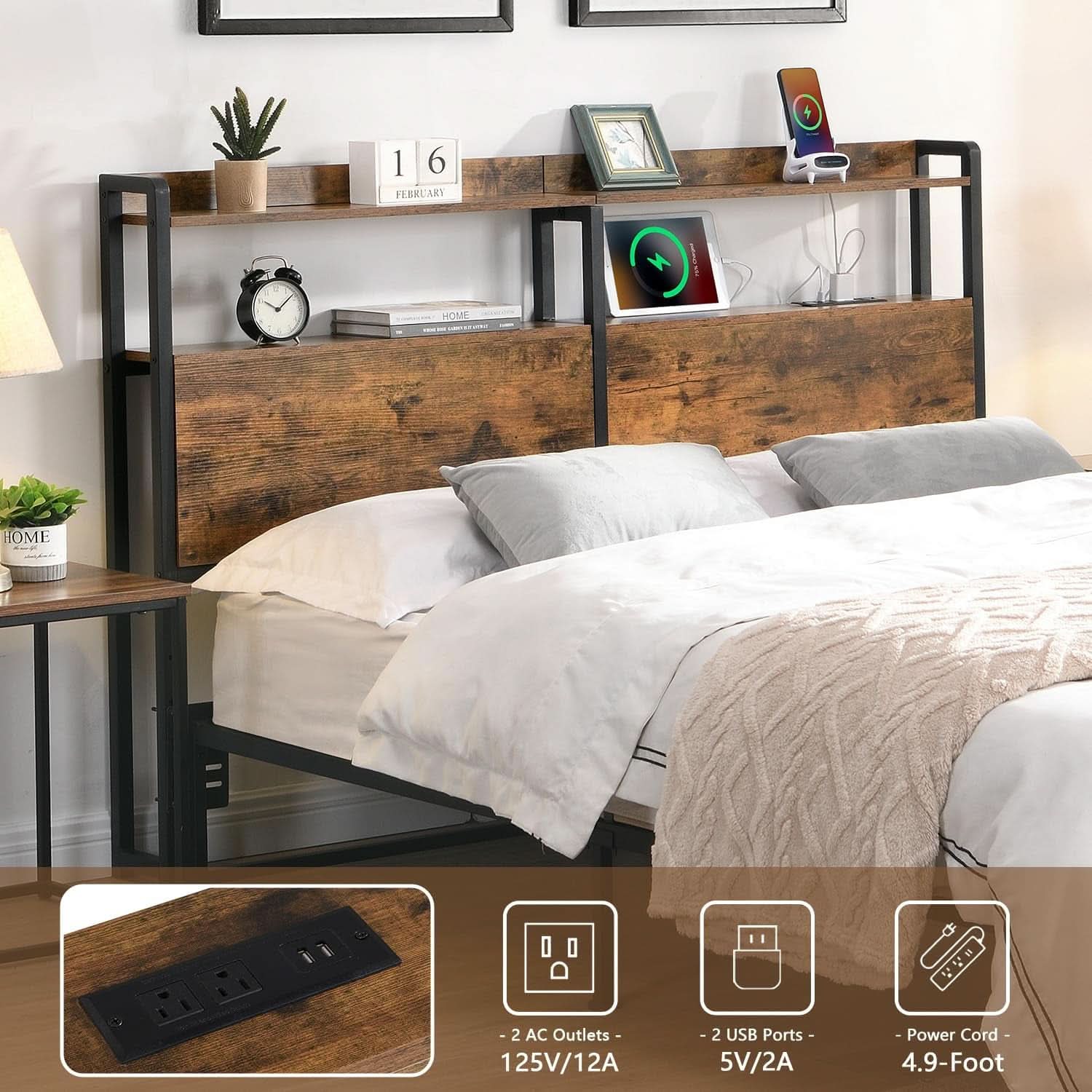 Queen Size Headboard with Storage and Charging Station