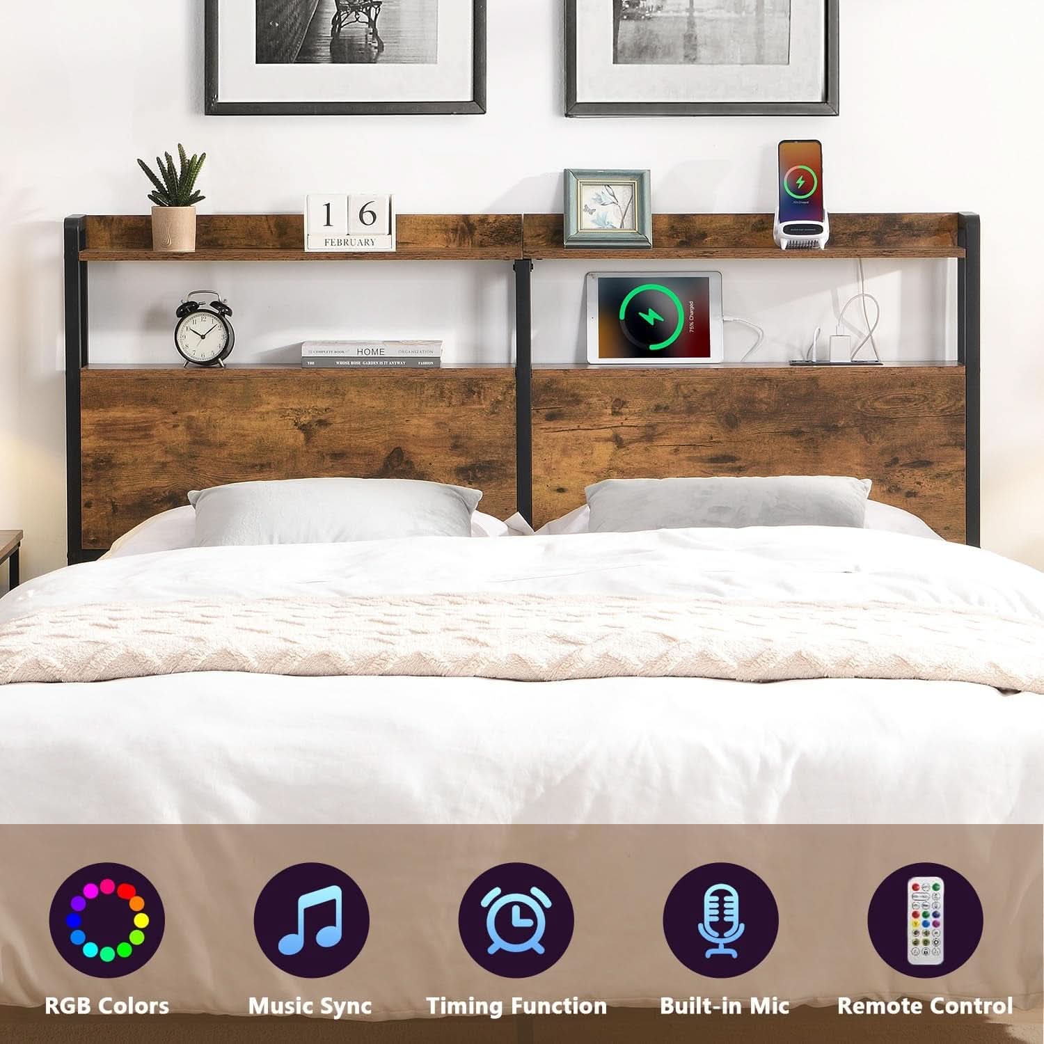 Queen Size Headboard with Storage and Charging Station