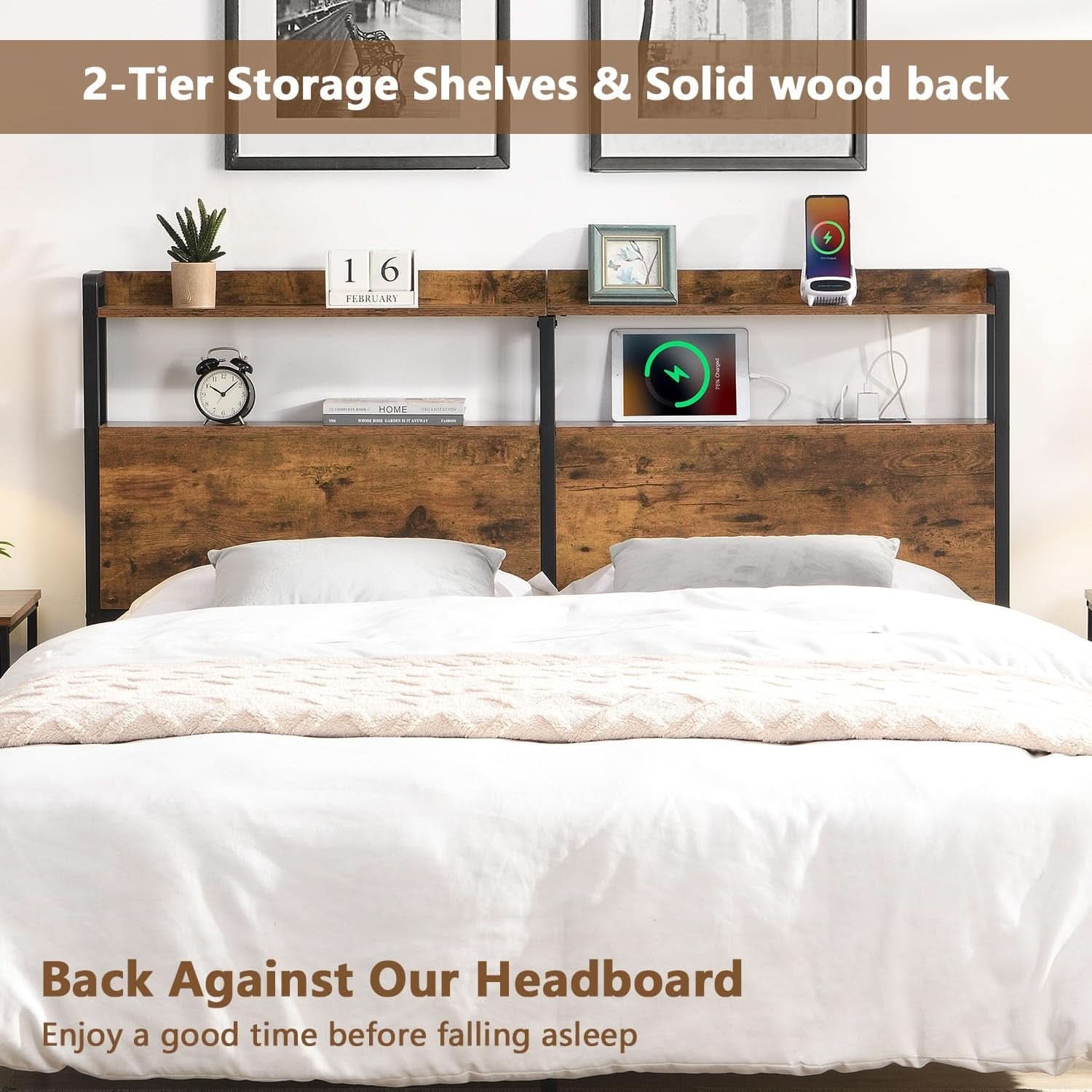 Queen Size Headboard with Storage and Charging Station