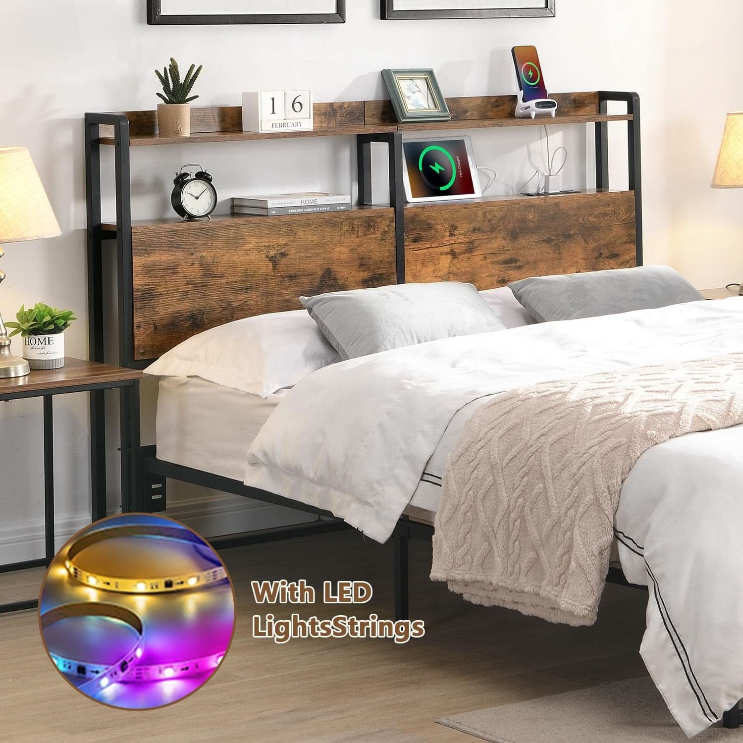Queen Size Headboard with Storage and Charging Station