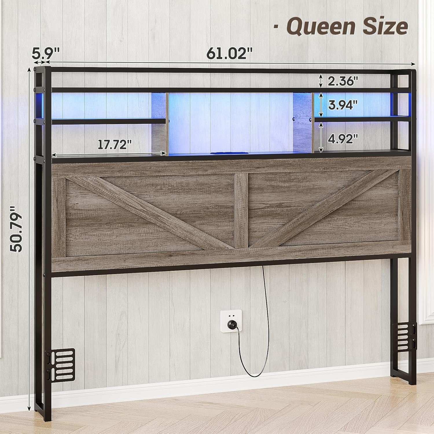 Queen Size Headboard with Storage and LED Lighting