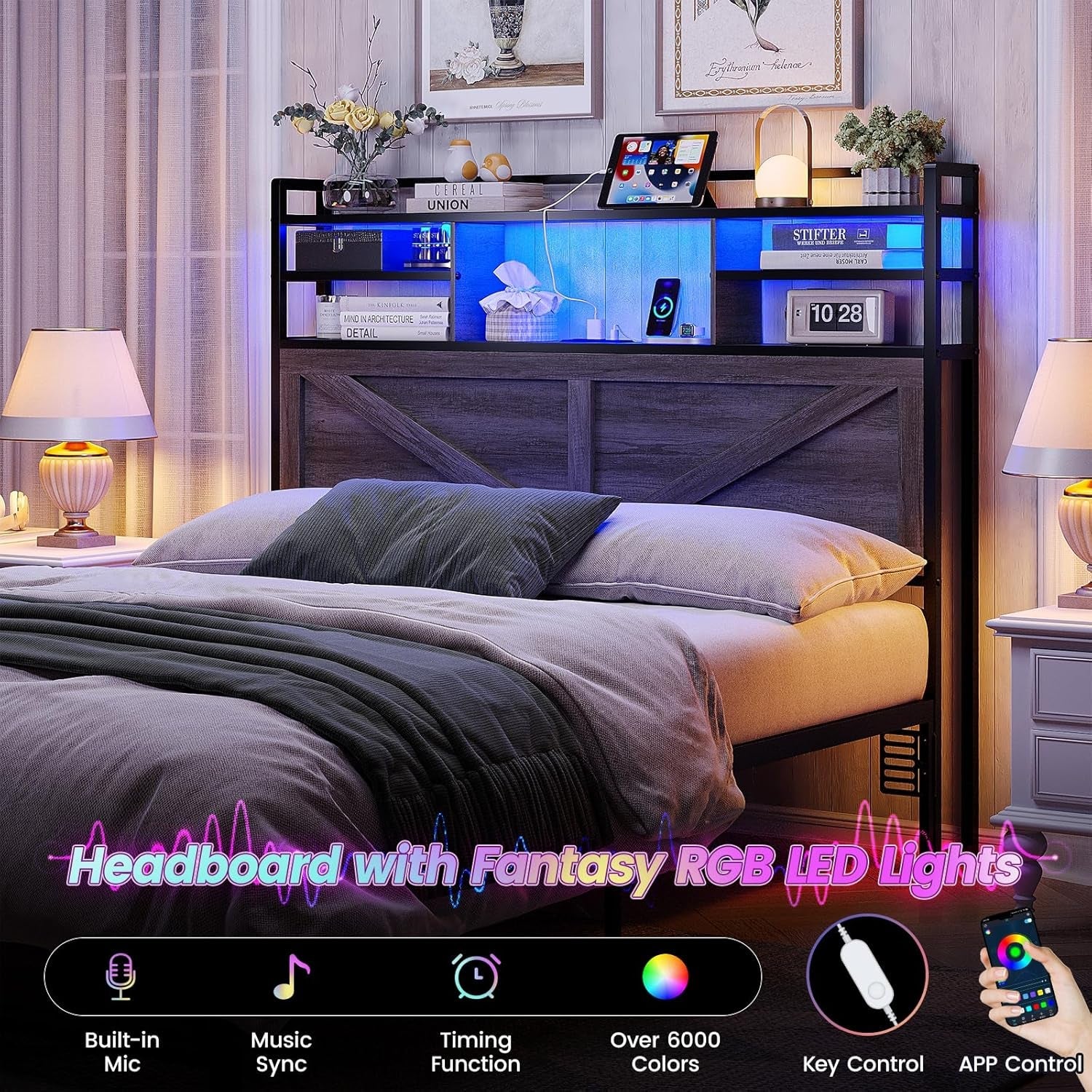 Queen Size Headboard with Storage and LED Lighting