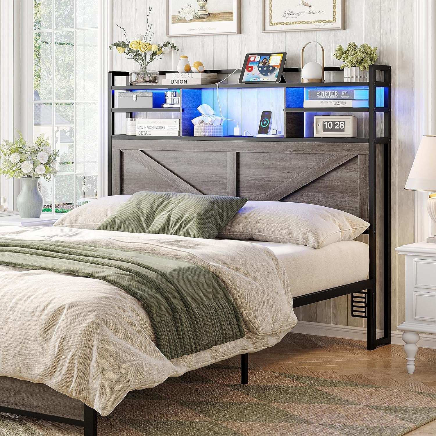 Queen Size Headboard with Storage and LED Lighting