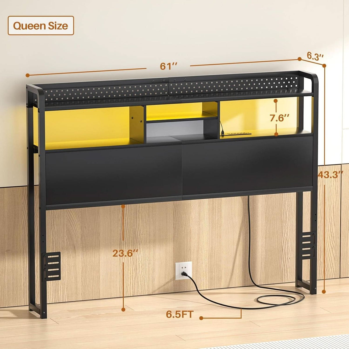 Queen Size Headboard with USB Ports and LED Light