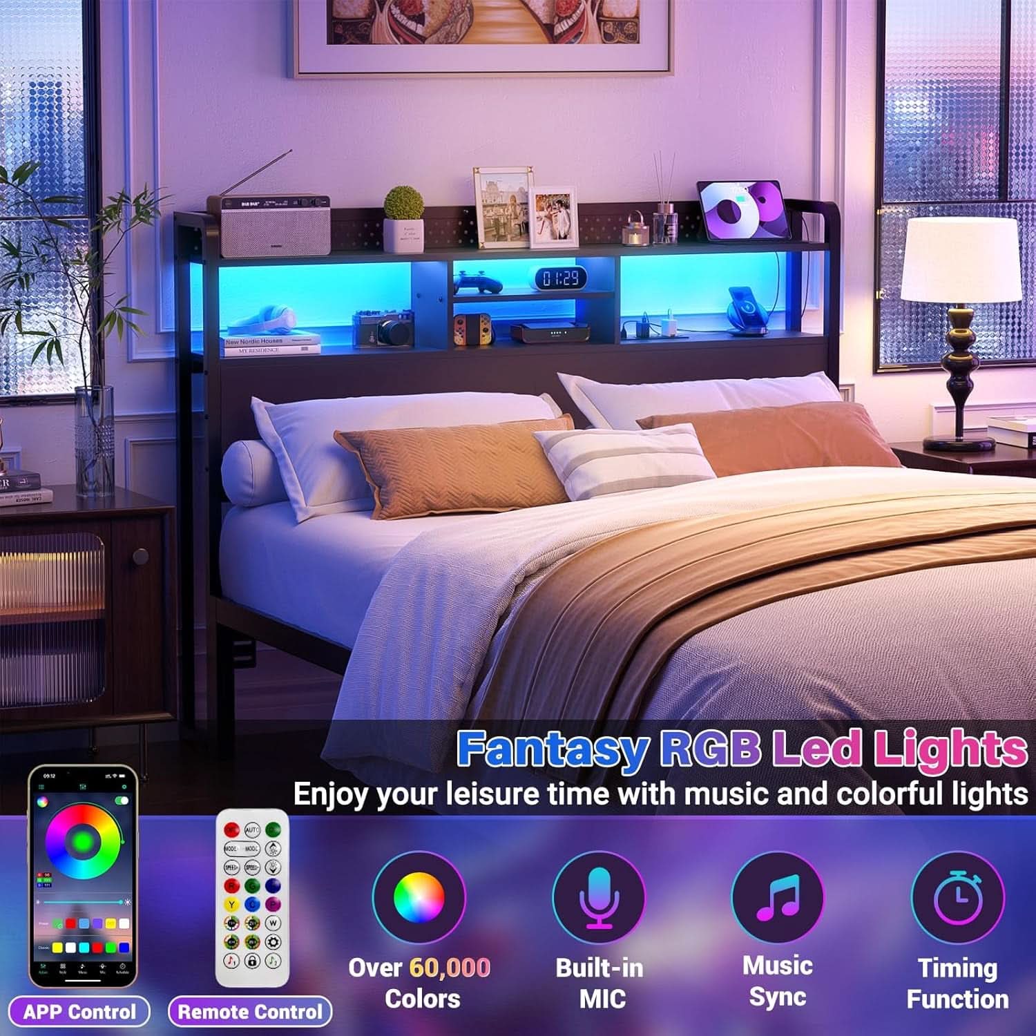 Queen Size Headboard with USB Ports and LED Light