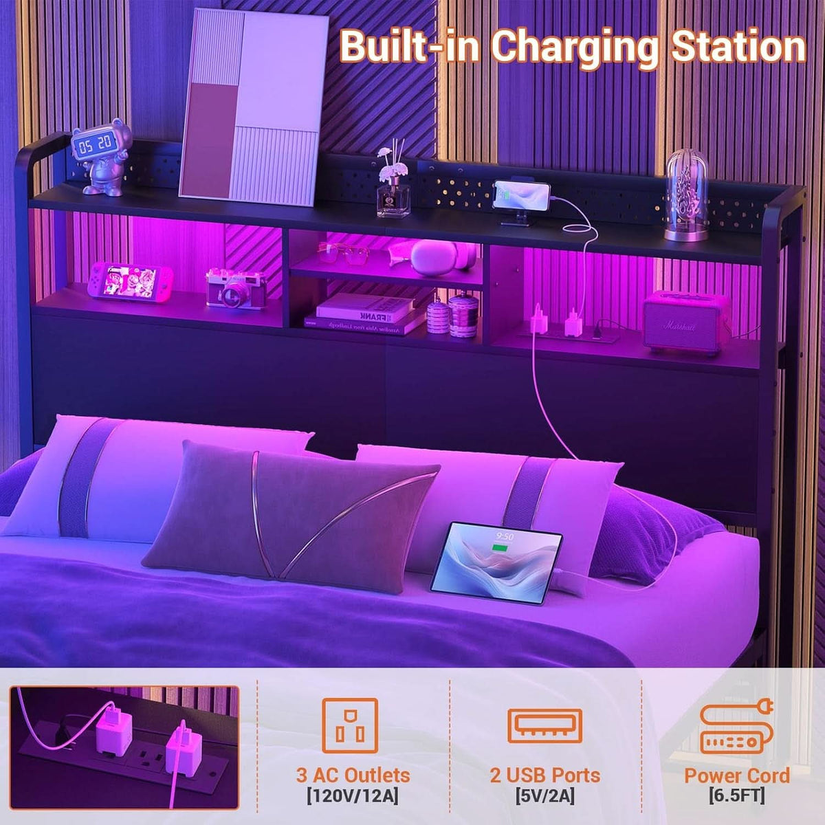 Queen Size Headboard with USB Ports and LED Light