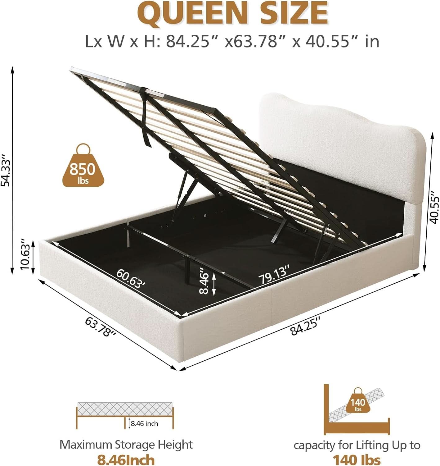 Queen Size Lift Up Storage Bed Curved Headboard Upholstered