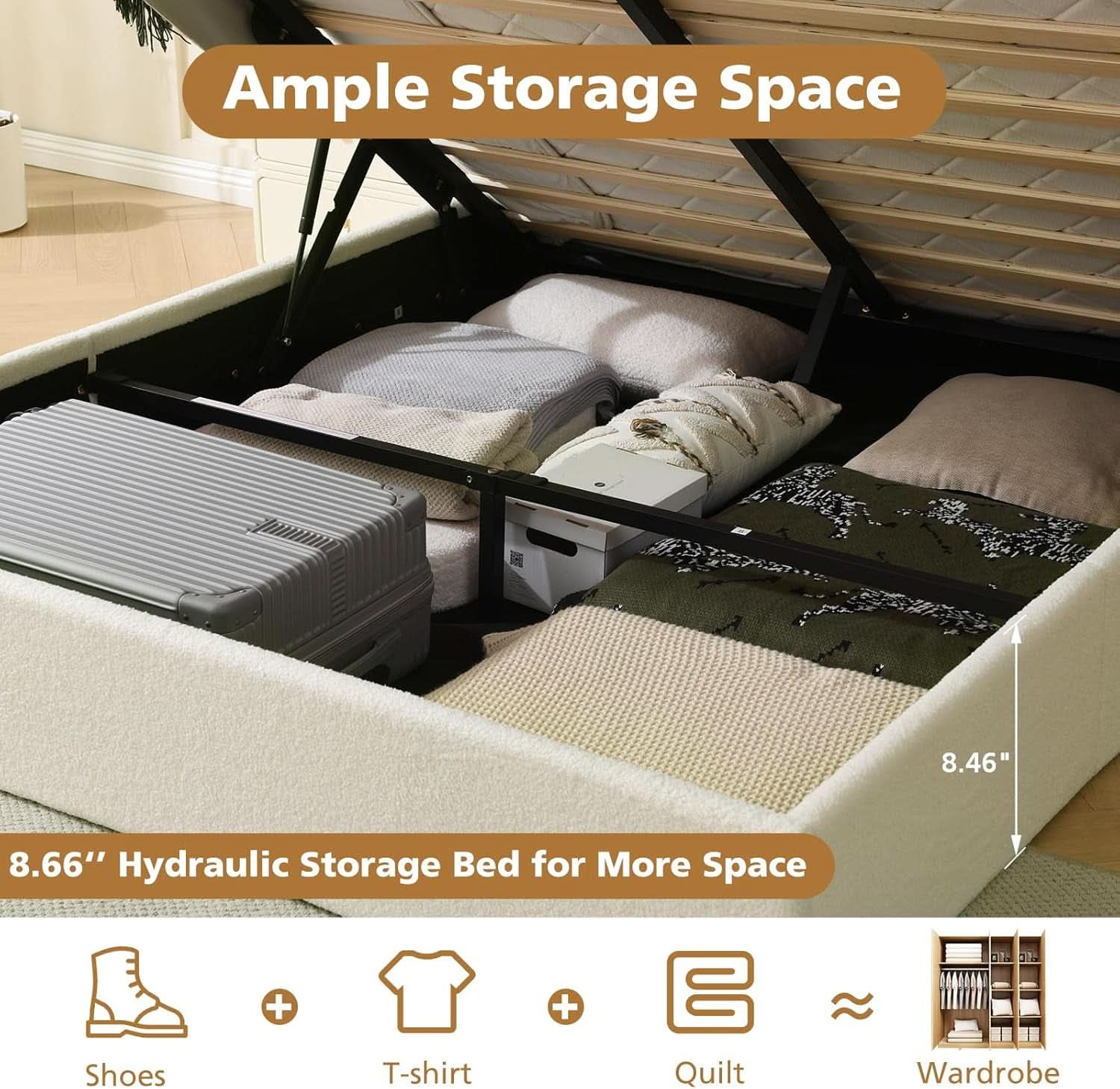 Queen Size Lift Up Storage Bed Curved Headboard Upholstered