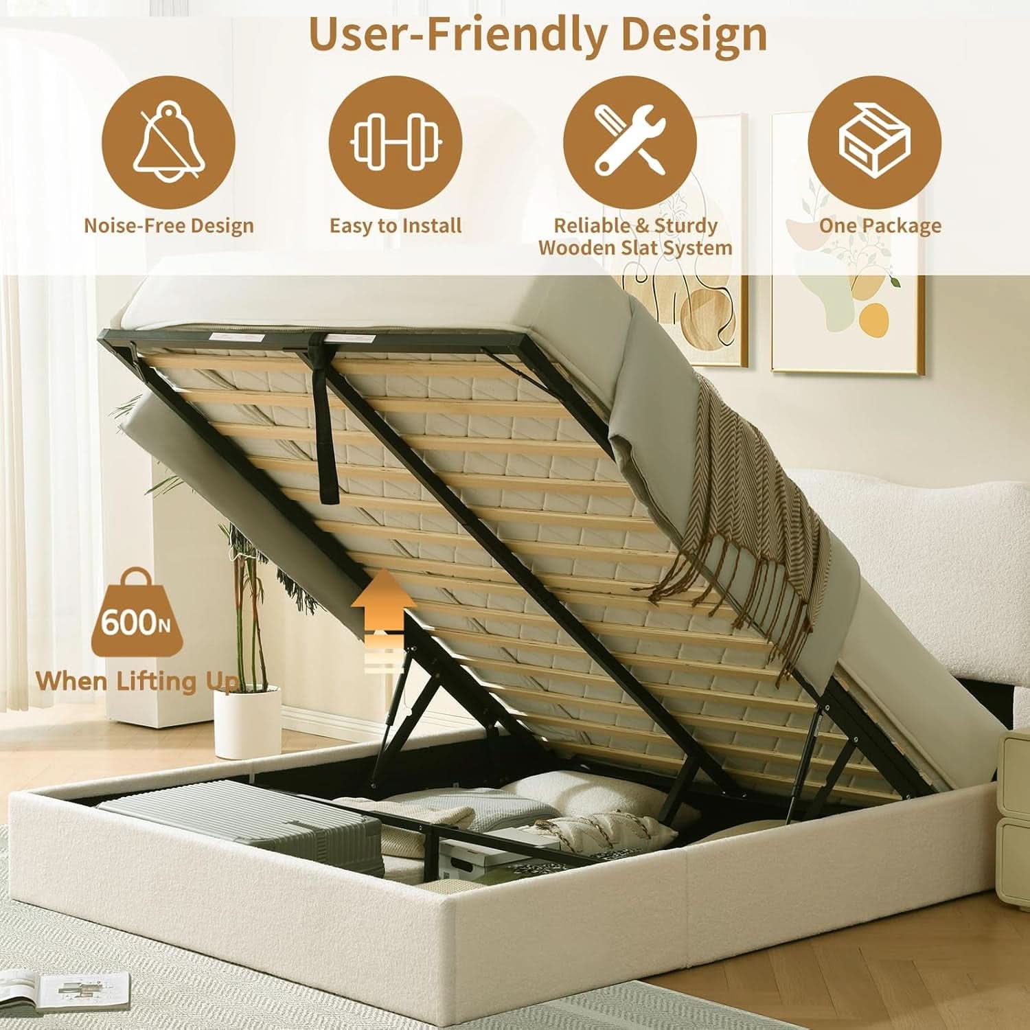 Queen Size Lift Up Storage Bed Curved Headboard Upholstered