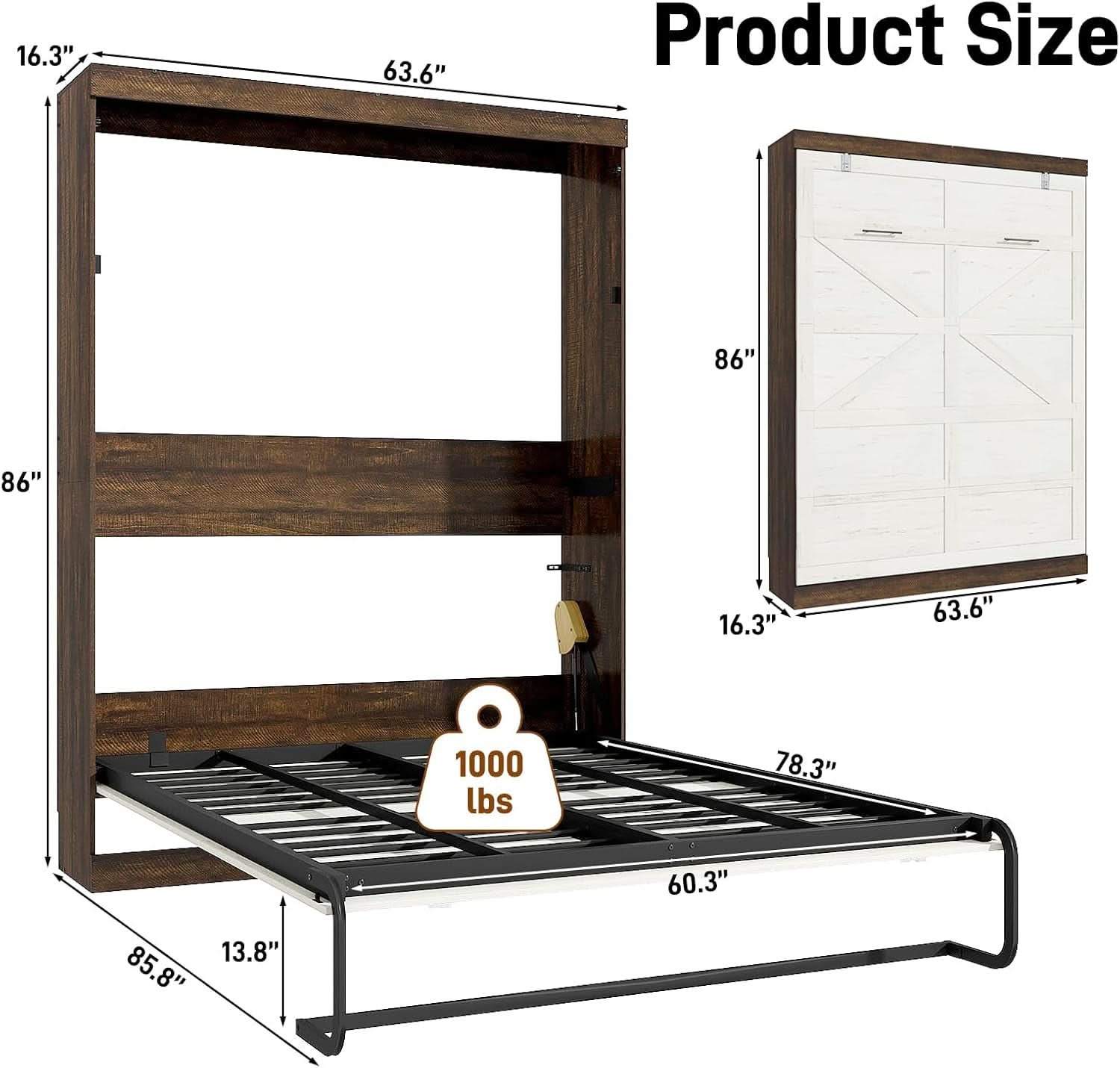 Queen Size Murphy Bed With LED Lights Rustic White Finish