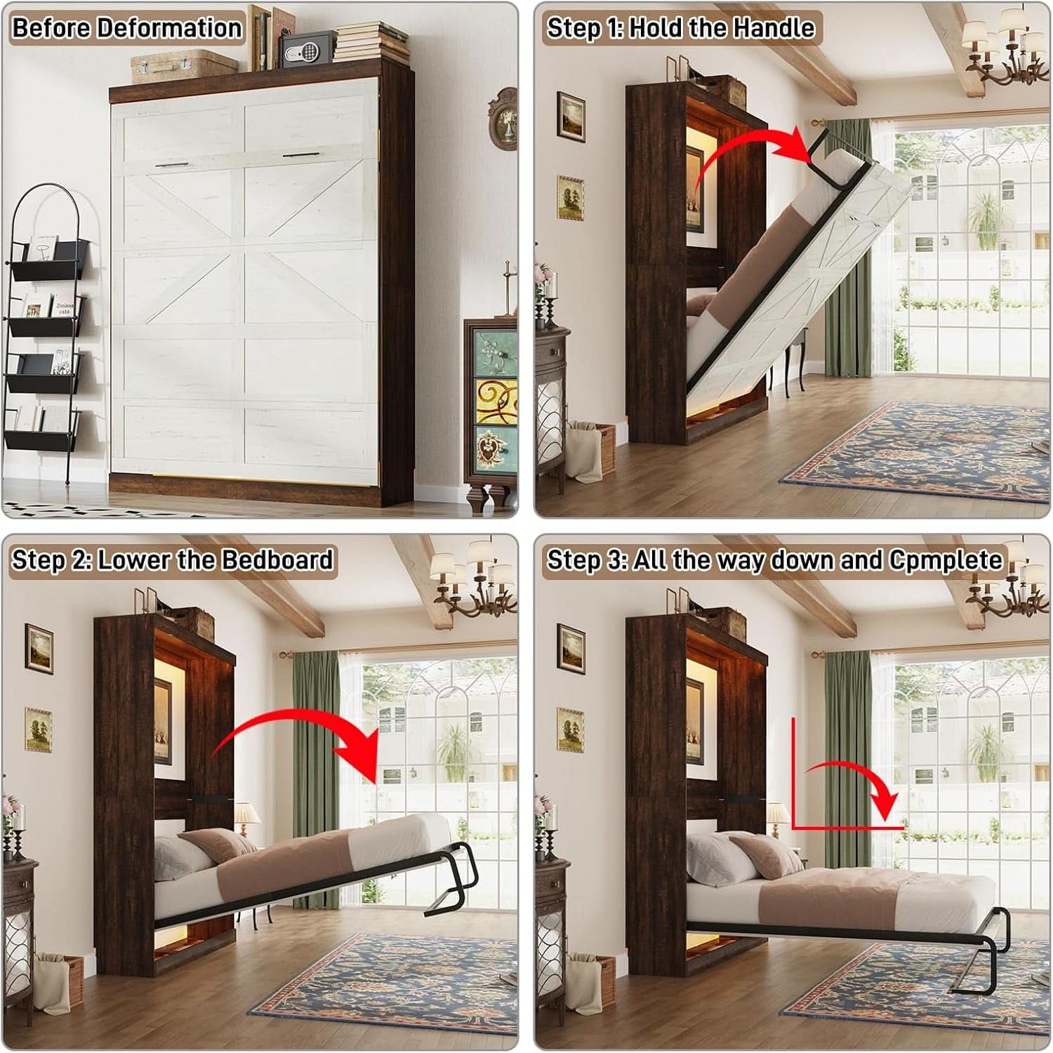 Queen Size Murphy Bed With LED Lights Rustic White Finish