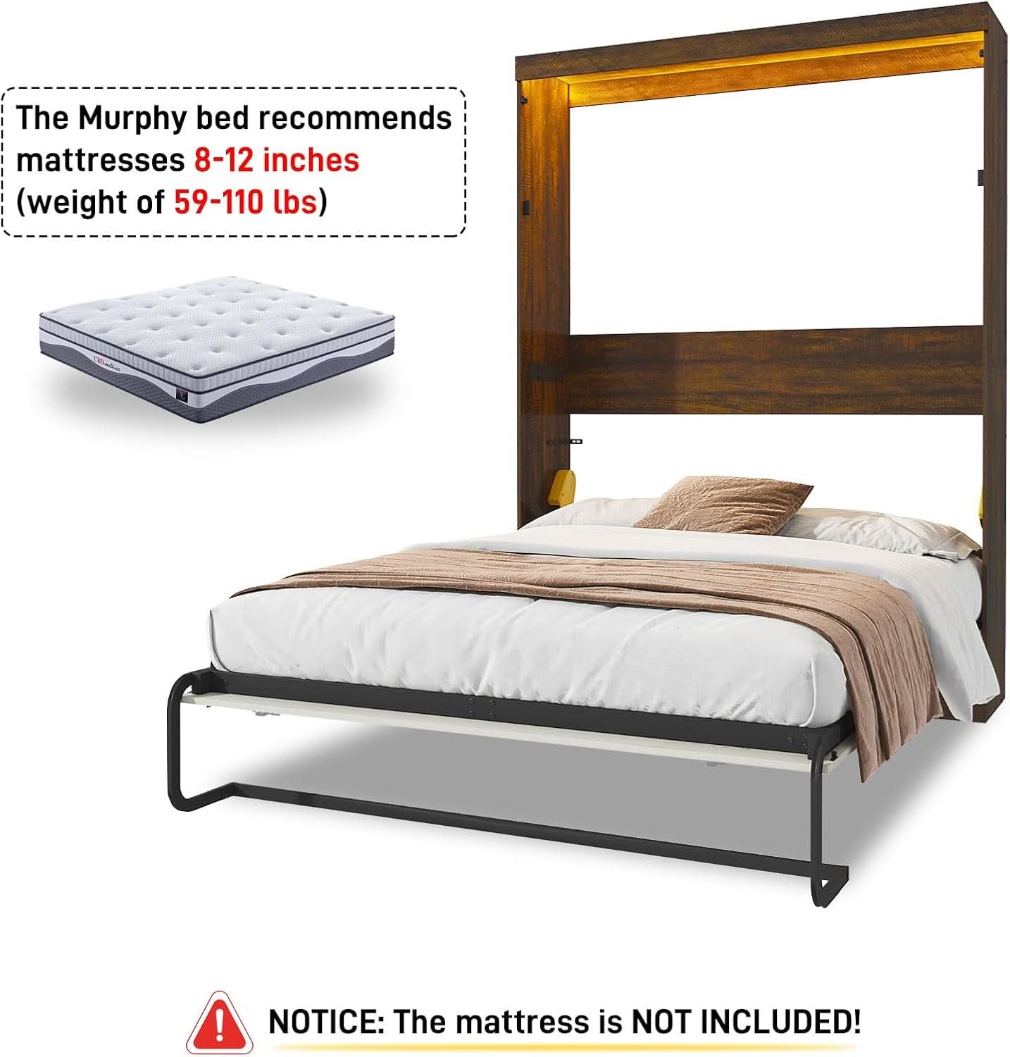 Queen Size Murphy Bed With LED Lights Rustic White Finish