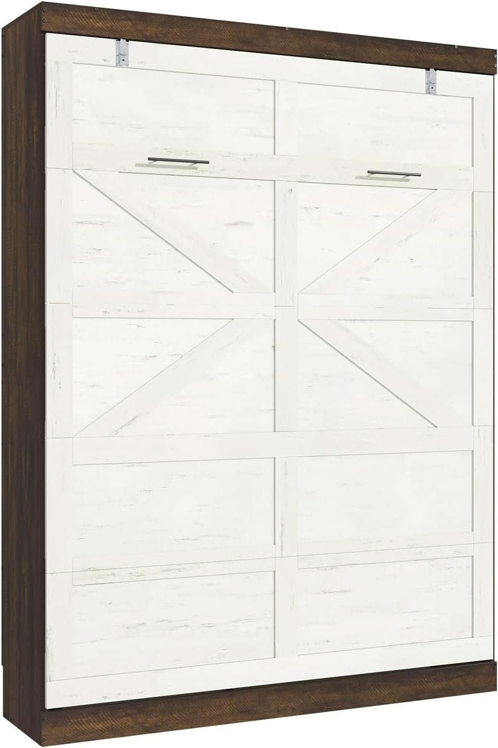Queen Size Murphy Bed With LED Lights Rustic White Finish