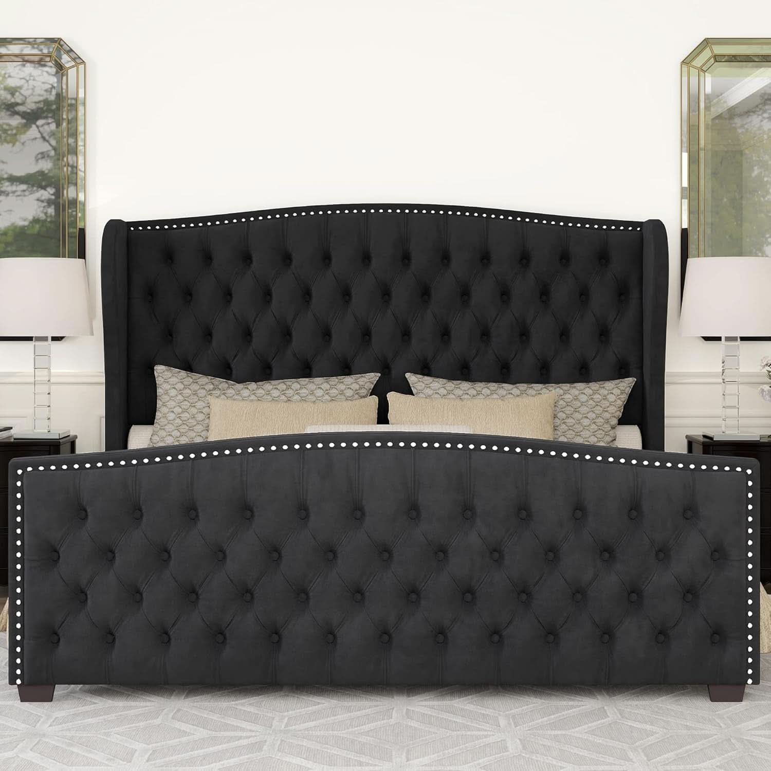 Queen Size Platform Bed Frame With Nailhead Trim Deluxe