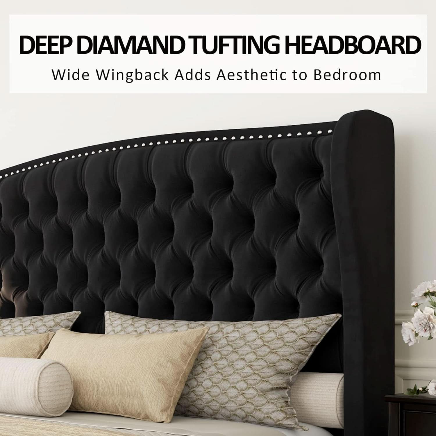 Queen Size Platform Bed Frame With Nailhead Trim Deluxe