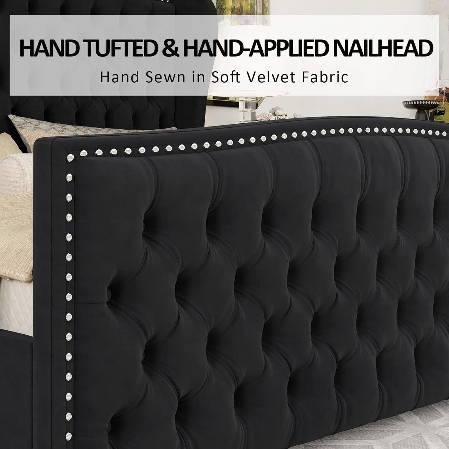 Queen Size Platform Bed Frame With Nailhead Trim Deluxe