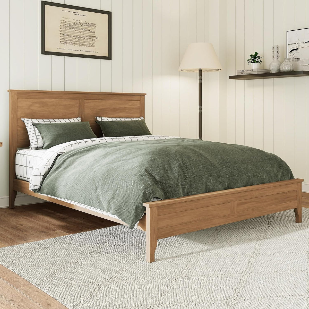 Queen Size Platform Bed Pine Wood Headboard Natural Finish