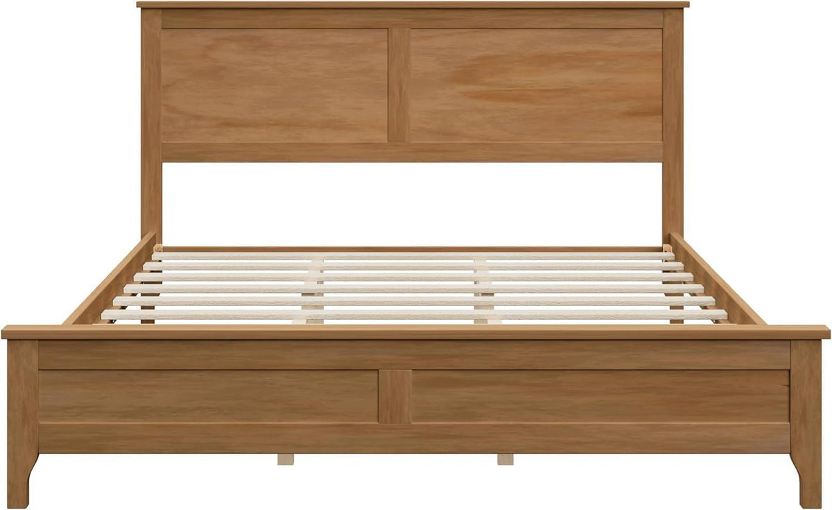Queen Size Platform Bed Pine Wood Headboard Natural Finish