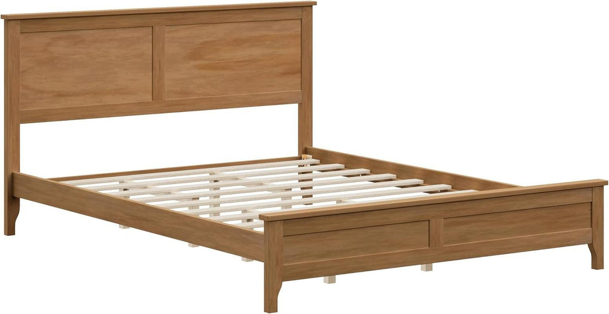 Queen Size Platform Bed Pine Wood Headboard Natural Finish